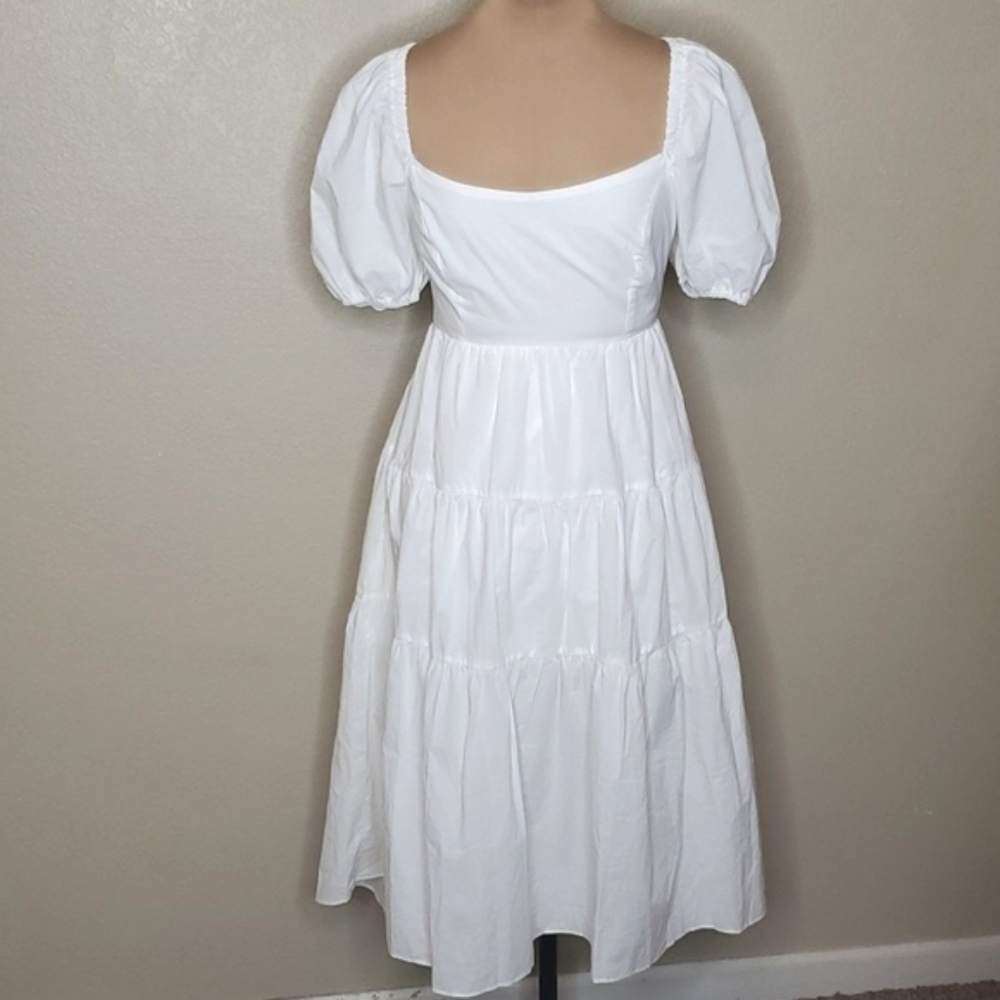 NWT Puff-Sleeve Bow-Back Poplin Midi Dress - Mustard Seed White Medium
